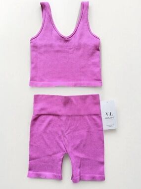VITAL LIFE Women sz S Ribbed Tank and Bike Shorts Set Orchid Pink Activewear New
